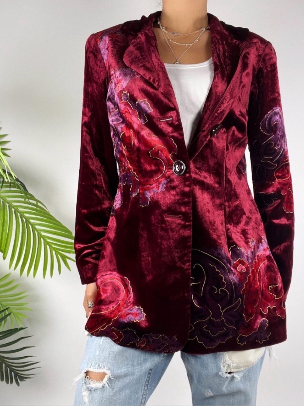 Coldwater Creek Women's Velvet Embroidered Jacket in Burgundy with slacks 12P
